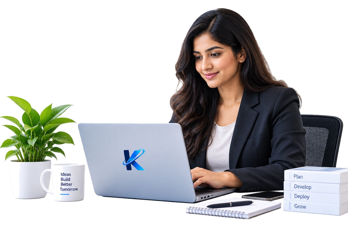 A Kentron team member working on a laptop with the Kentron mark
